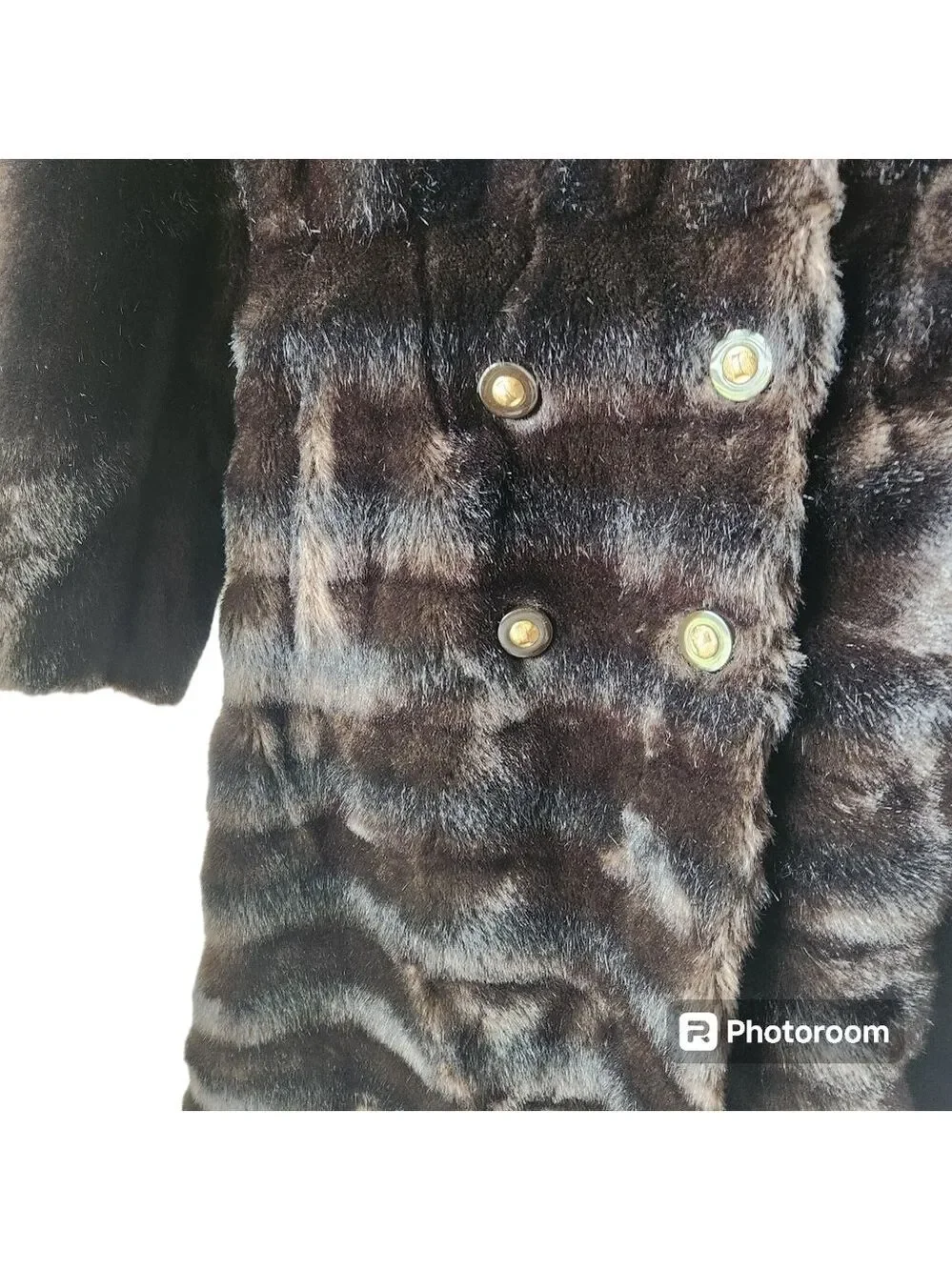 Tissavel France Faux Fur Coat Double Breasted Belted Dark Brown  Vintage unsize